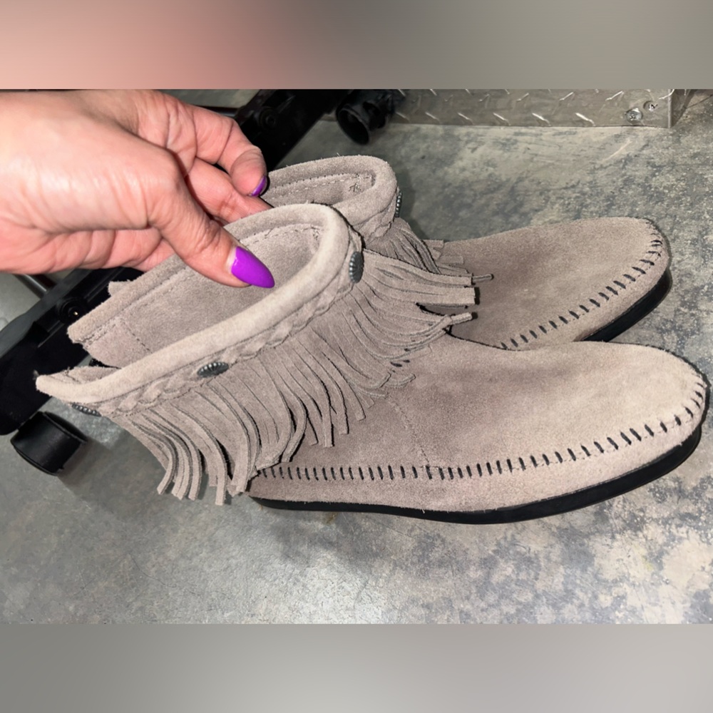Grey Minnetonka boots